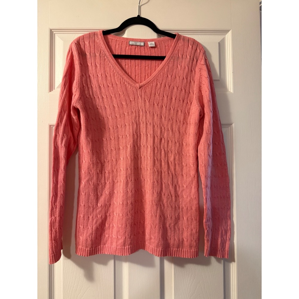 Lady Hathaway Womens Coral Pink Cable Knit V-Neck 100% Cotton Sweater Size M